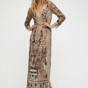 Free People Beige Art Deco Embellished Maxi Slip Dress size S.
